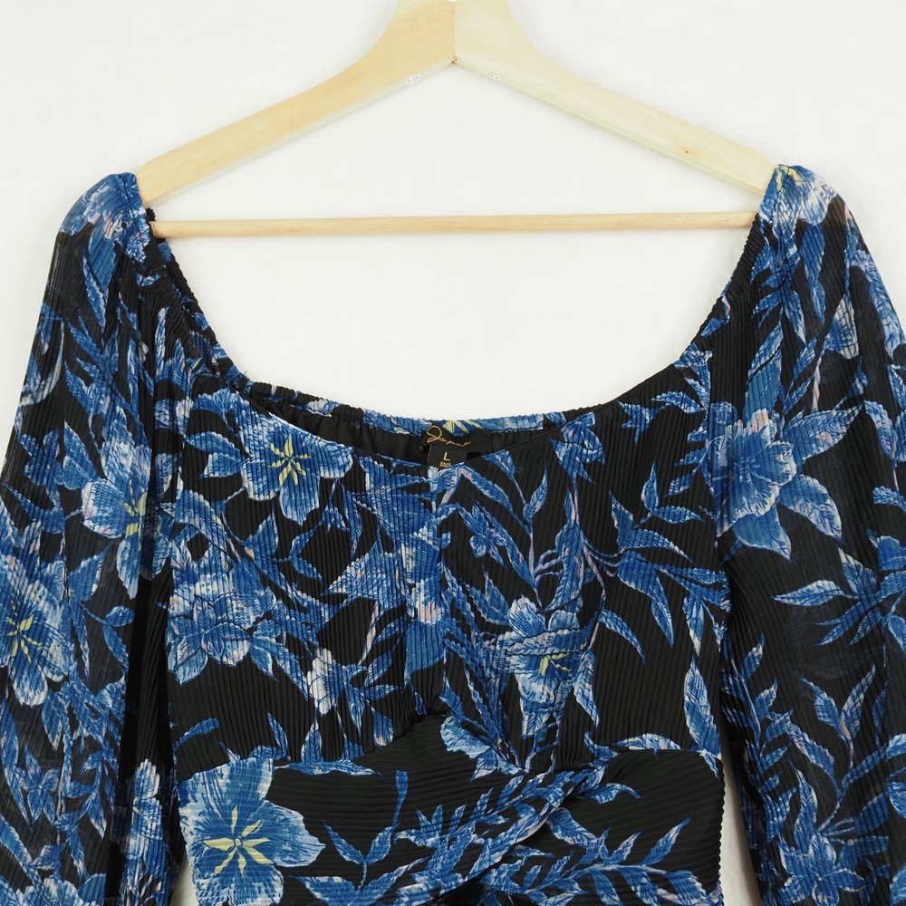 Blue Floral Crop Top L Tie Front Balloon Sleeve Cottagecore Boho Japna Romantic - Picture 6 of 9